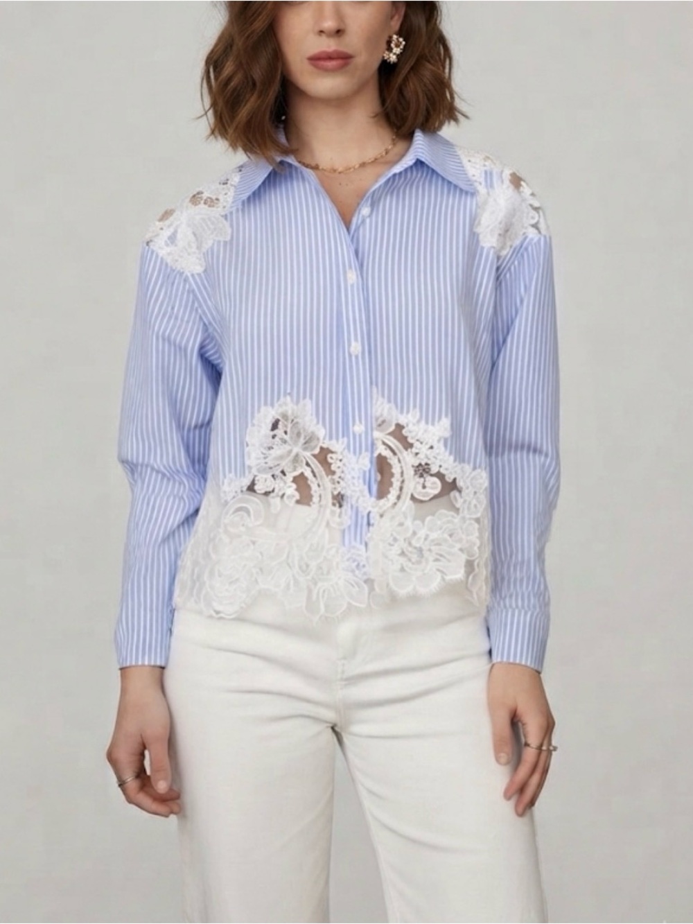 CHOKLATE PARIS women’s stripe cotton & embroidered lace button-down shirt SZ M/L